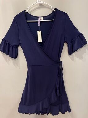Francesca's Collections Deep Navy Wrap Dress with Ruffle Sleeves